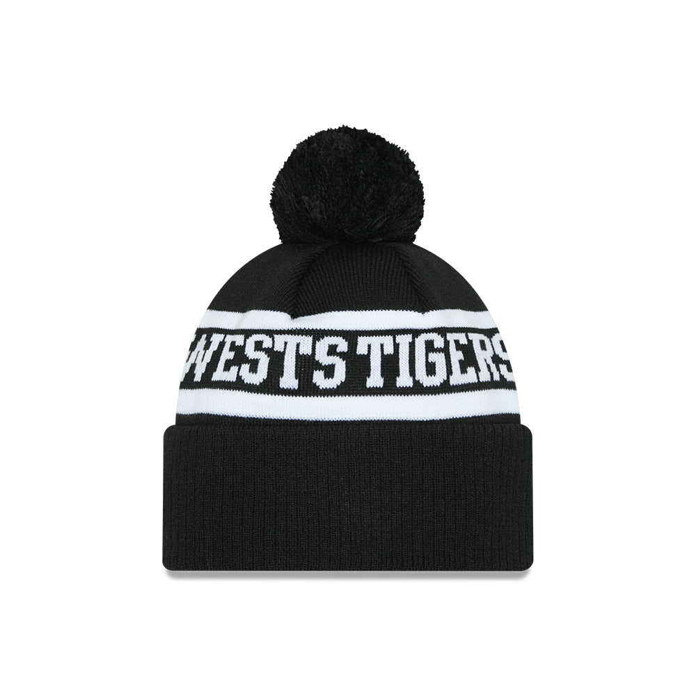 Wests Tigers Beanie - 2025 NRL Black White Pom Knit - New Era
